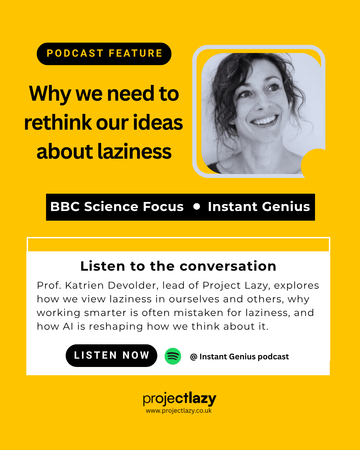 Yellow poster with text about the podcast and a black and white photo of Katrien Devolder