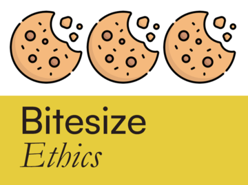 Bitesize2024 orange and white background with half-eaten biscuits and text Bitesize ethics
