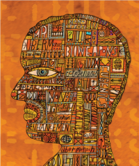 Orange painting of the profile of a face, made up of words associated with ethics 